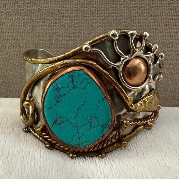 Vintage Brutalist Artisan Turquoise Mixed Metals Brass Copper Statement Cuff - Picture 1 of 8